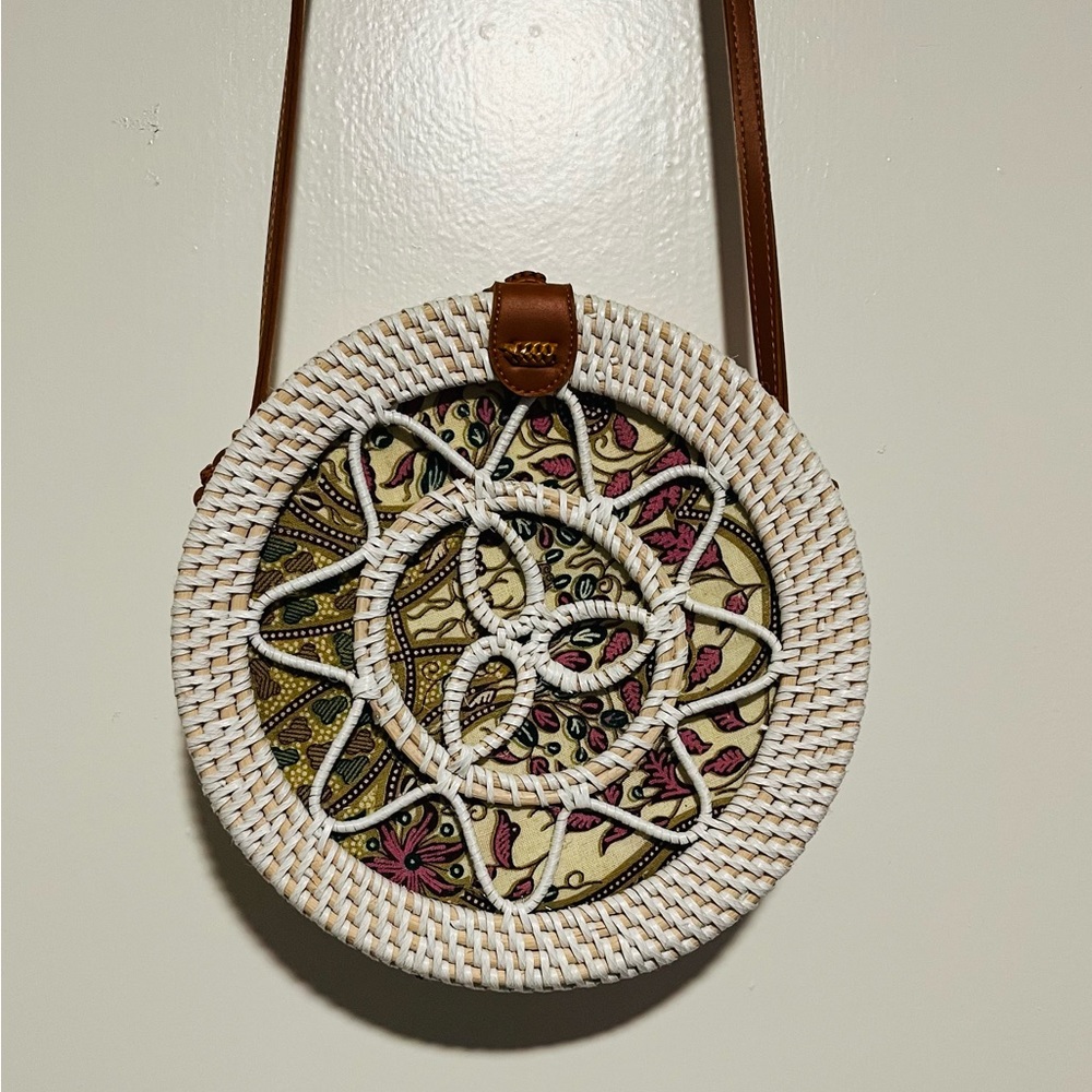 Handwoven Round Rattan Bag Shoulder Leather Straps